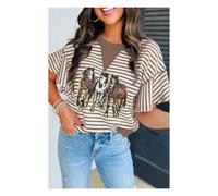 Everyday The Label Women's Parchment Sequin Horses Patched Striped Colorblock Ruffle Sleeve Top in Ecru | Size: XL Everyday The Label Ecru XL