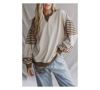 Everyday The Label Women's Parchment Striped Colorblock Patchwork Drop Shoulder Sweatshirt in Ecru | Size: Small Everyday The Label Ecru S