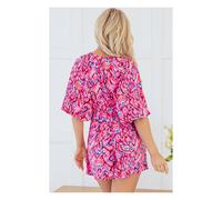 Everyday The Label Women's Pink Abstract Print Puff Sleeve V Neck High Waist Romper | Size: Large Everyday The Label Pink L