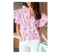 Everyday The Label Women's Pink Baroque Floral Ruffle Sleeve V Neck Blouse Top | Size: Small Everyday The Label Pink S