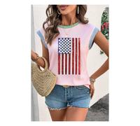 Everyday The Label Women's Pink Colorblock Edge Twisted Rib Texture Sequin American Flag Casual T | Size: Large Everyday The Label Pink L