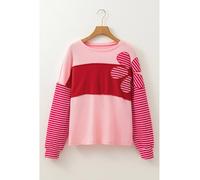 Everyday The Label Women's Pink Floral Patch Color Block Striped Sleeve Textured Top | Size: Small Everyday The Label Pink S