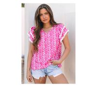 Everyday The Label Women's Pink Floral Print Ric-rac Tiered Ruffled V Neck Blouse | Size: Medium Everyday The Label Pink M