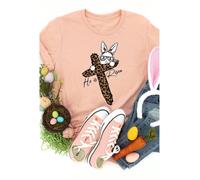 Everyday The Label Women's Pink He is Risen Easter Bunny Leopard Cross Graphic Tee | Size: Medium Everyday The Label Pink M
