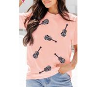 Everyday The Label Women's Pink Leopard Guitar Sequin Patch Crew Neck Tee | Size: Medium Everyday The Label Pink M