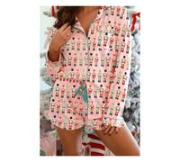 Everyday The Label Women's Pink Nutcracker March Long Sleeve Button Up 2pcs Pajama Short Set | Size: Large Everyday The Label Pink L