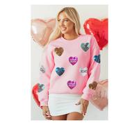 Everyday The Label Women's Pink Sequin Romantic Letters Heart Graphic Valentines Sweatshirt | Size: XL Everyday The Label Pink XL