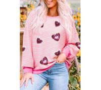 Everyday The Label Women's Pink Stripe Sequin Heart Patched Pattern Long Sleeve Valentines Top | Size: Large Everyday The Label Multicolor L
