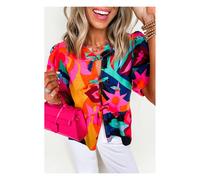 Everyday The Label Women's Red Abstract Floral Print Front Tied Puff Sleeve Babydoll Blouse | Size: Small Everyday The Label Multicolor S