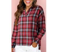 Everyday The Label Women's Red Plaid Print Collared V Neck Loose Blouse with Side Slits Blouses | Size: Medium Everyday The Label Red M