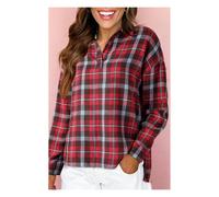 Everyday The Label Women's Red Plaid Print Collared V Neck Loose Blouse with Side Slits | Size: Medium Everyday The Label Red M