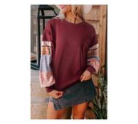 Everyday The Label Women's Red Sandalwood Plaid Colorblock Patchwork Sleeve Raw Seam Sweatshirt in Dark Red | Size: Large Everyday The Label Dark Red L