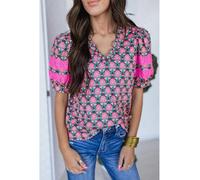 Everyday The Label Women's Sachet Pink V-Neck Ruffle Abstract Floral Print Puff Sleeve Top | Size: Large Everyday The Label Multicolor L