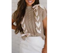 Everyday The Label Women's Simply Taupe Cable Knit Colorblock Satin Bowknot Short Sleeve Sweater | Size: Medium Everyday The Label Multicolor M