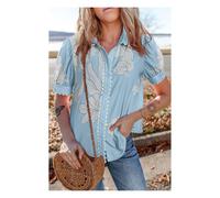 Everyday The Label Women's Sky Blue Floral Ric Rac Edge Puff Sleeve Button Up Summer Shirt | Size: XL Everyday The Label Blue XL