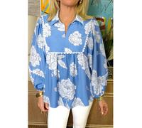 Everyday The Label Women's Sky Blue Floral Ricrac Trim Collared Puff Sleeve Loose Blouse Blouses | Size: Medium Everyday The Label Blue M