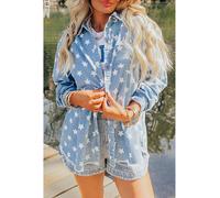 Everyday The Label Women's Sky Blue Star Print Light Wash Raw Hem Denim Jacket | Size: Medium Everyday The Label Blue M
