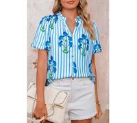 Everyday The Label Women's Sky Blue Stripe Floral Buttoned Frilly Notched Neck Puff Sleeve Summer | Size: Large Everyday The Label Multicolor L