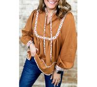 Everyday The Label Women's Straw Yellow Split Neck Pleated Floral Trim Long Puff Sleeve Blouse | Size: XL Everyday The Label Multicolor XL