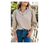 Everyday The Label Women's Straw Yellow Striped Print Tied Cuffs Split Neck Seersucker Blouse | Size: Medium Everyday The Label Multicolor M