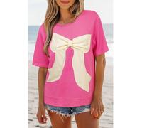 Everyday The Label Women's Strawberry Pink Contrasting Color Ribbon Bow Front Patch Loose Tee | Size: Large Everyday The Label Pink L