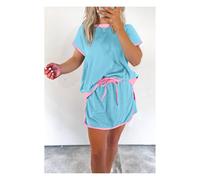 Everyday The Label Women's Turquoise Colorblock Edge Drop Shoulder T-Shirt & Skirt 2Pcs Set | Size: Large Everyday The Label Turquoise L