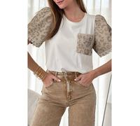Everyday The Label Women's White Leopard Patchwork Crochet Lace Trim Puff Sleeve T-Shirt | Size: Small Everyday The Label White S