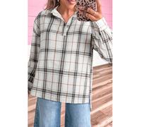 Everyday The Label Women's White Plaid Print Collared V Neck Loose Blouse with Side Slits Blouses | Size: XL Everyday The Label White XL