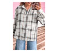 Everyday The Label Women's White Plaid Print Collared V Neck Loose Blouse with Side Slits | Size: Medium Everyday The Label White M