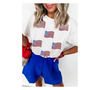 Everyday The Label Women's White Sequin American Flag Patched Casual T-Shirt | Size: 24 Everyday The Label White 24