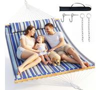 Everyfun Double Hammock with Spreader Bar - 2 Person Patio Hammock, 500 lbs Capacity, Soft Pillow & Carry Bag, Flat Wide Bed, Portable Quilted Hammock for Outdoor Camping Backyard Garden,Blue