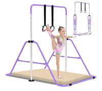 EVERYMILE Gymnastics Bars With Self-Inflating Mat,50mm Thick Inflatable Pad No Air Pump Needed Gymnastics Equipment for Home,Adjustable Height Folding Horizontal Bar with Rings Purple