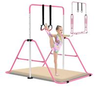 EVERYMILE Gymnastics Bars With Self-Inflating Mat,50mm Thick Inflatable Pad No Air Pump Needed Gymnastics Equipment for Home,Adjustable Height Folding Horizontal Bar with Rings Pink