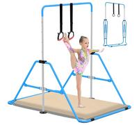EVERYMILE Gymnastics Bars With Self-Inflating Mat,50mm Thick Inflatable Pad No Air Pump Needed Gymnastics Equipment for Home,Adjustable Height Folding Horizontal Bar with Rings Blue