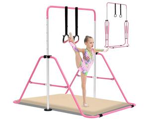 EVERYMILE Gymnastics Bars With Self-Inflating Mat,50mm Thick Inflatable Pad No Air Pump Needed Gymnastics Equipment for Home,Adjustable Height Folding Horizontal Bar with Rings Pink