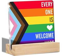 Everyone is Welcome Here Clear Desk Decorative Sign Diversity Acrylic Sign with Stand Progress Pride Flag Rainbow Table Plaque Sign Keepsake Equality Art Classroom Home School Décor