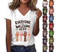 Everyone is Welcome Here T-Shirt Women's Elegant V-Neck Short Sleeve T-Shirt Blouse Summer Casual Basic Top Casual Tops Teenager Girls Everyday Clothing Tunics Outfit T-Shirt, Red (watermelon red), S
