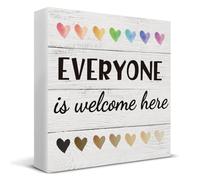Everyone is Welcome Here Wooden Box Sign Desk Decor, Equality Quote Wood Box Sign for Home Classroom Shelf Table Decoration 5 X 5 Inch