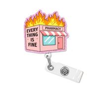 Everything is Fine Pharmacy Badge Reel with Pink Glitter, Funny Sarcastic Retractable ID Clip Holder Gift for Pharmacist, Doctor, Medical Healthcare Nurse, Pharmacy Student, Pharmacy Technician
