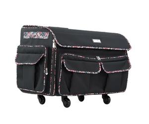 Everything Mary XXL 4 Wheeled 360 Degree Sewing Machine Trolley Bag on Wheels Black with Floral Trim, Sewing Machine Storage Case for Large Embroidery Machines-Brother, Singer, Bernina and Most
