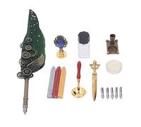 Evetounmn Feather Pen Set, Quill Pen Kit with Natural Goose Feather and Brass, Calligraphy Dip Pen with 5 Nibs for Gothic Italian Writing, Includes Wax Stamp Letter Opener (OD Green)