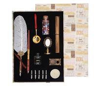 Evetounmn Feather Pen Set, Quill Pen Set with 5 Replacement Nibs, Calligraphy Feather Ink Pen for Gothic Italian Writing, Includes Letter Paper Wax Candle Bottle (White)