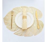 Evevda Gold Leaf Shaped Vinyl Placemats for Dinner Table Set of 4 Metallic Plastic Gold Place Mats Wipeable 6Pcs Table Mats for Wedding Annersary Dinner Table Decoration Mats