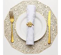 Evevda Gold Placemats for Dining Table Set of 6 Metallic Pressed Hollowed Out Table Mats Wipeable Vinyl Place Mat for Holiday Wedding Dinner Table Decoration Mat(Dodecagon)