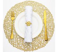 Evevda Gold Round Placemats for Dining Table Set of 6 - Metallic Pressed Vinyl Circle Mats, Wipeable Hollowout Place Mats for Decor, Holiday, Wedding Accent Centerpiece (Line, Gold)