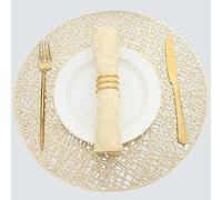 Evevda Gold Round Placemats for Dinner Table Set of 6 No-Slip Wipeable Line Pattern Table Mats Metallic Plastic Vinyl Place Mats for Anniversary Daily Use Daily Use(Dia:15inch/38cm)