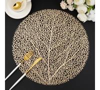 Evevda Gold Round Placemats for Dinner Table Set of 6 No-Slip Wipeable Tree Pattern Table Mats Metallic Plastic Vinyl Place Mats for Anniversary Daily Use Daily Use(Dia:15inch/38cm)