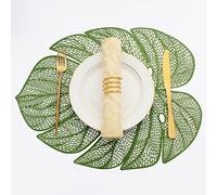 Evevda Green Leaf Shaped Vinyl Placemats Set of 6 for Dinner Table - Metallic Plastic Wipeable Mats for Wedding Anniversary Decoration (17.7x13.8inch/45x35cm)