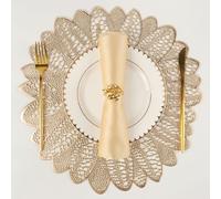 Evevda Placemats for Dining Table Set of 6 Gold Round Hollow Out Table Mats Pressed Metallic Vinyl Plastic Place Mats Table Decoration for Holiday Wedding Accent Centerpiece(Gold Flower)