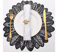 Evevda Placemats for Dining Table Set of 6 Gold Round Hollow Out Table Mats Pressed Metallic Vinyl Plastic Place Mats Table Decoration for Holiday Wedding Accent Centerpiece(Black Flower)